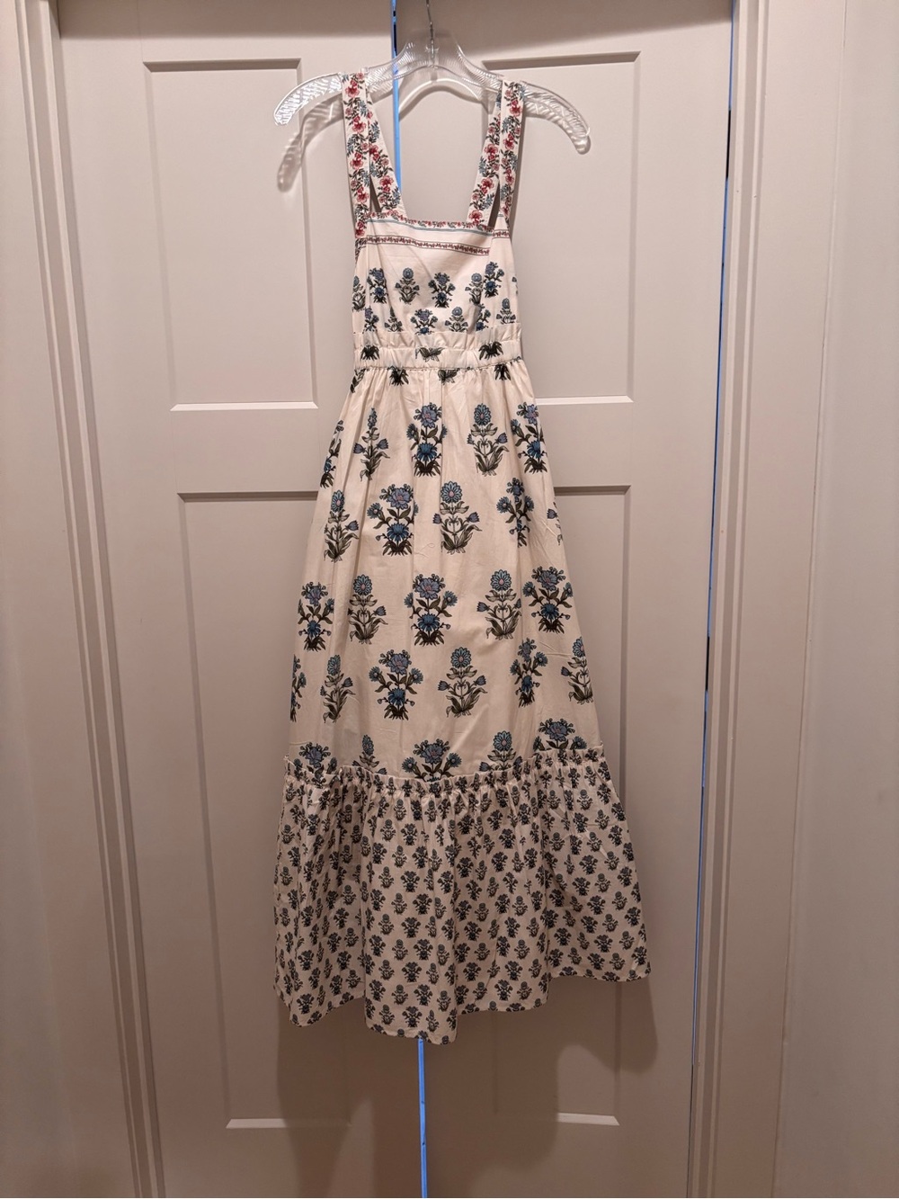 Hermoza Cream Maxi Dress with Blue Floral Embroidery